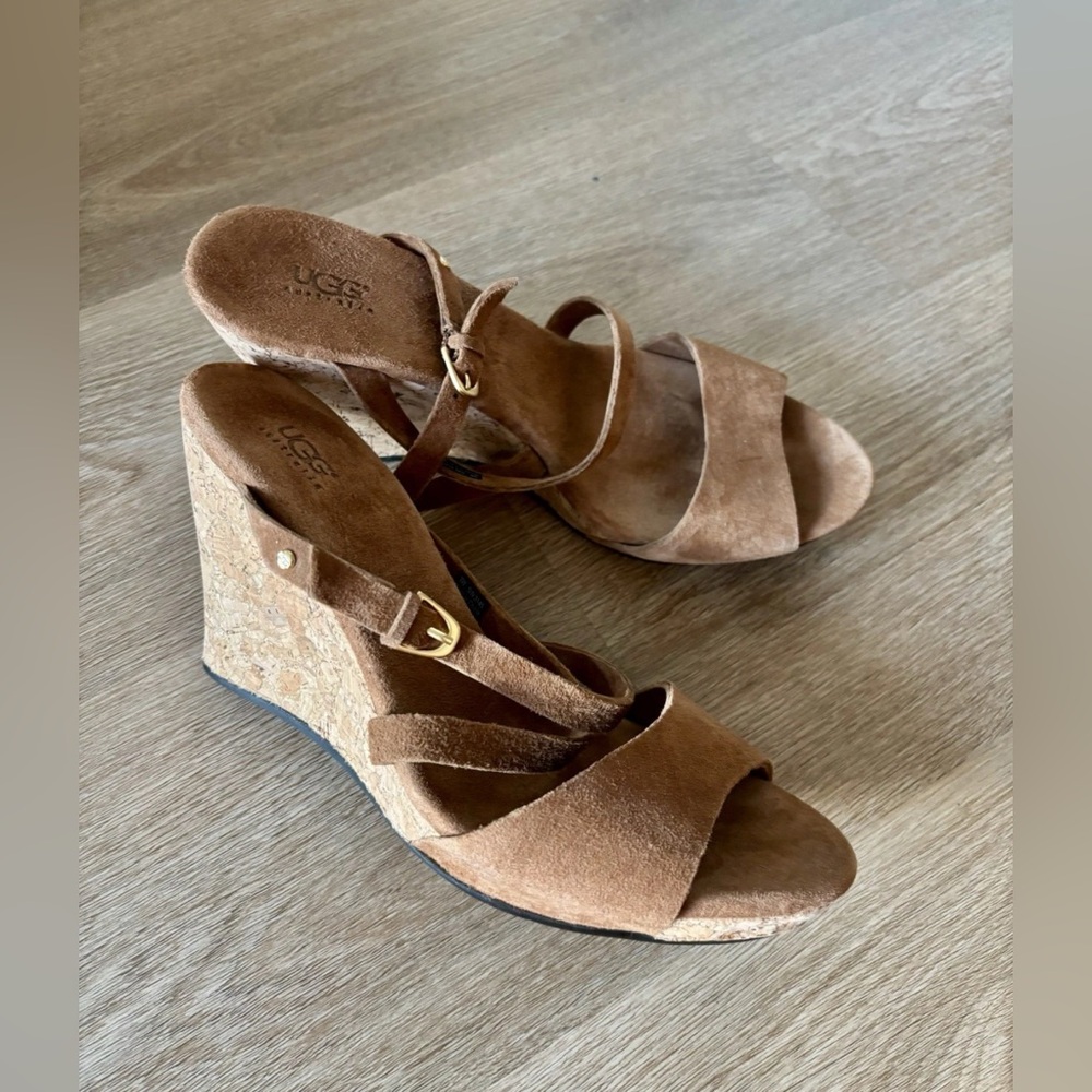 New UGG Julita Brushed Suede Platform Cork Wedge Strappy Sandals Women's 8